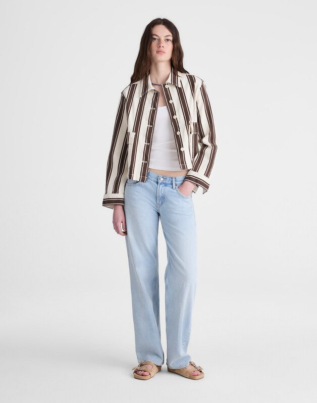 Cropped Button-Front Jacket DARK BROWN STRIPE