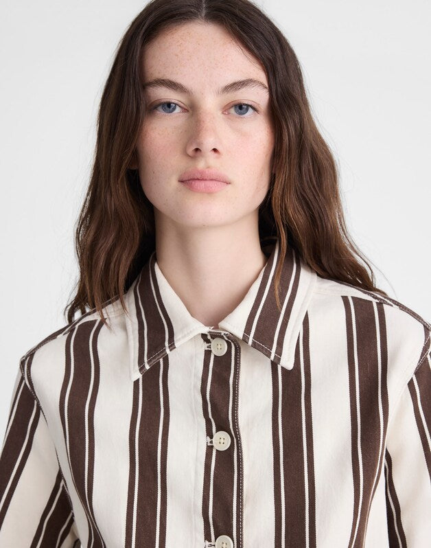 Cropped Button-Front Jacket DARK BROWN STRIPE
