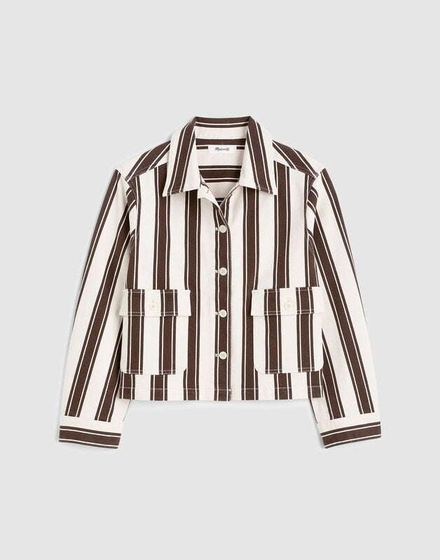 Cropped Button-Front Jacket DARK BROWN STRIPE