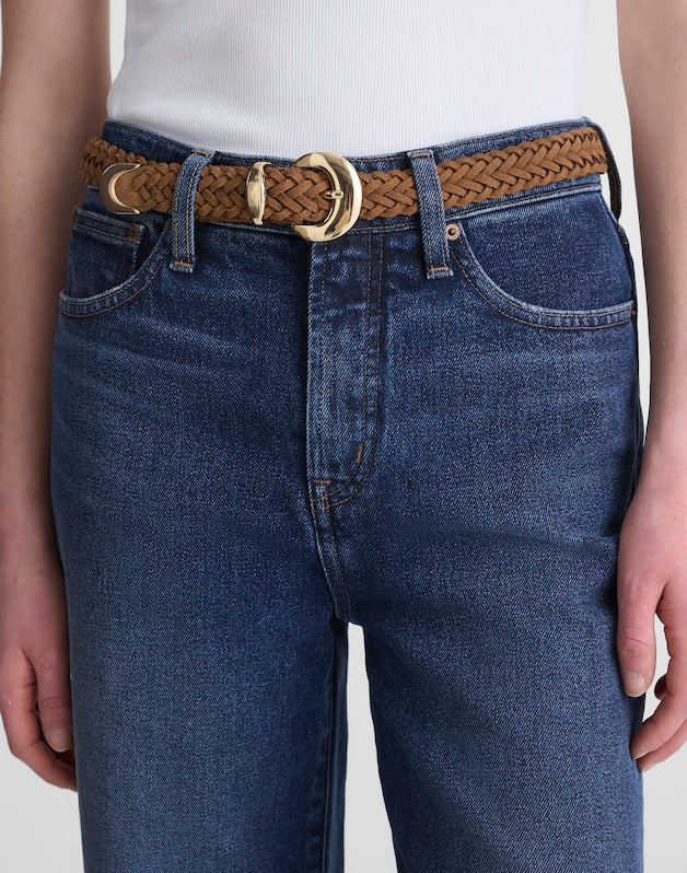 Domed-Buckle Belt in Woven Suede AGED COGNAC