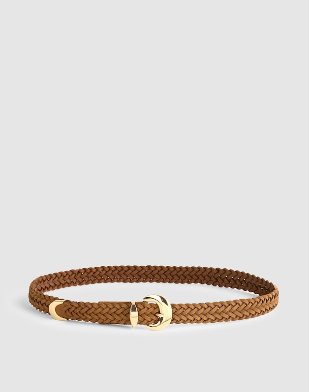 Domed-Buckle Belt in Woven Suede AGED COGNAC