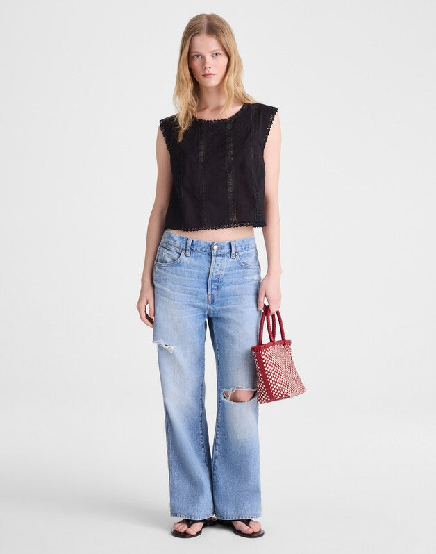 Embroidered Lace-Insert Top JET BLACK