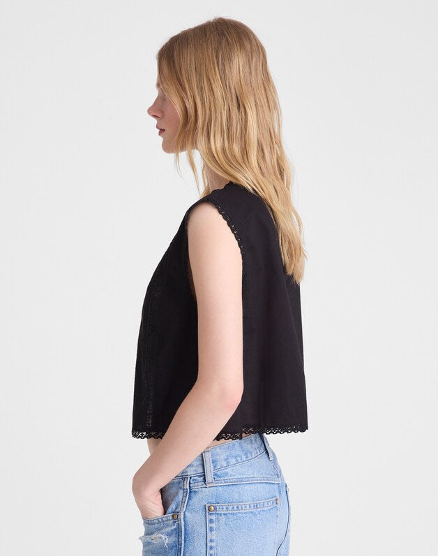 Embroidered Lace-Insert Top JET BLACK