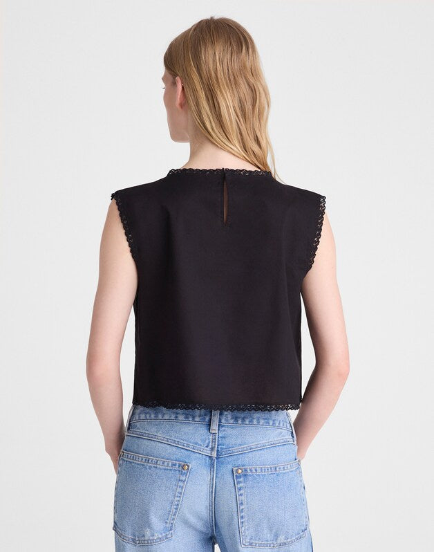 Embroidered Lace-Insert Top JET BLACK