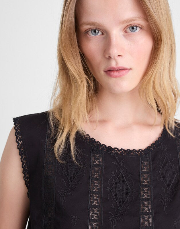 Embroidered Lace-Insert Top JET BLACK