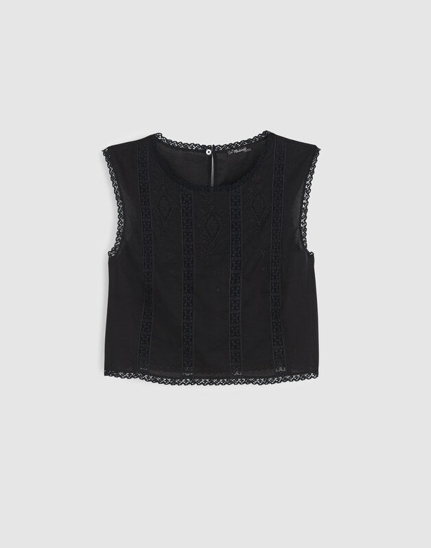 Embroidered Lace-Insert Top JET BLACK