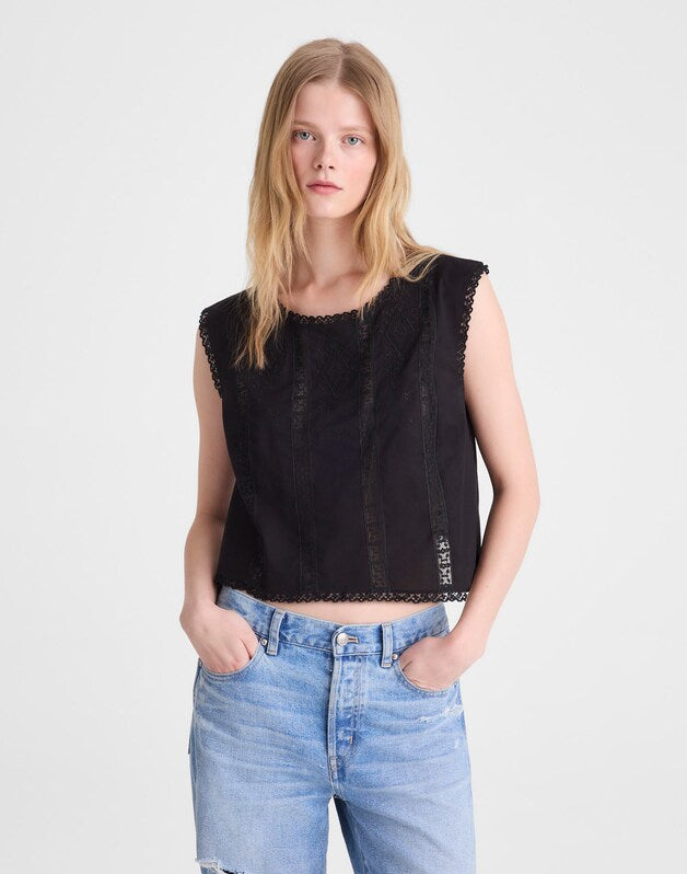 Embroidered Lace-Insert Top JET BLACK