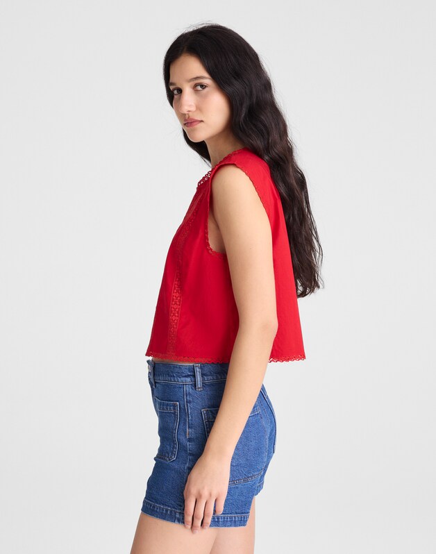 Embroidered Lace-Insert Top VARSITY RED