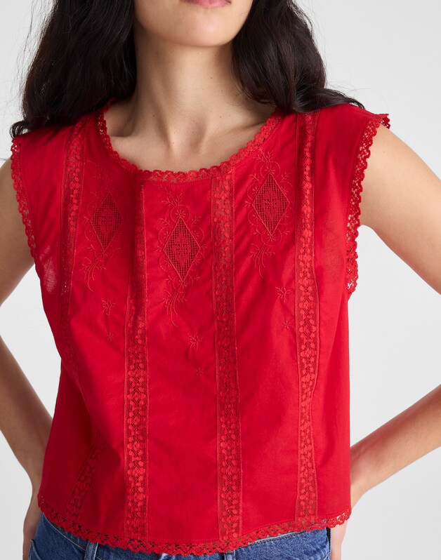 Embroidered Lace-Insert Top VARSITY RED