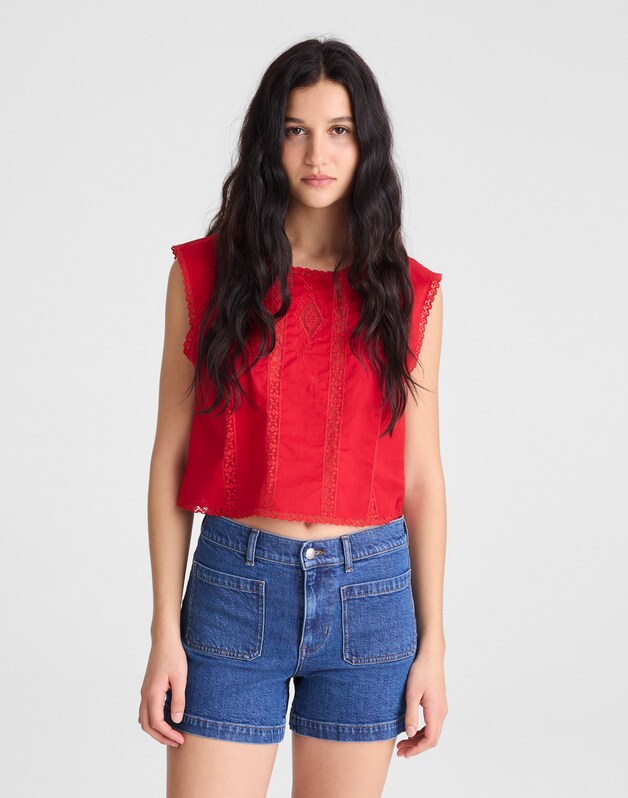 Embroidered Lace-Insert Top VARSITY RED