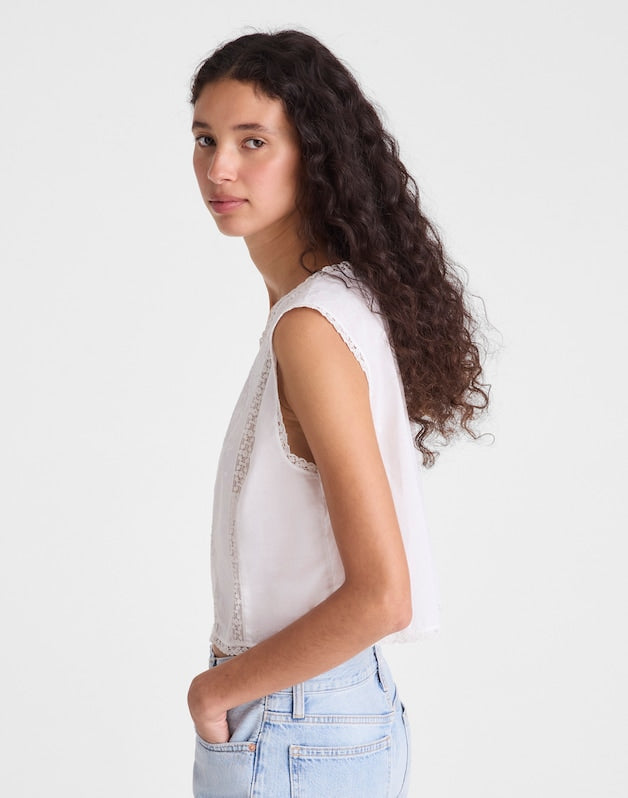 Embroidered Lace-Insert Top WHITE