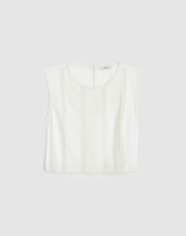 Embroidered Lace-Insert Top WHITE