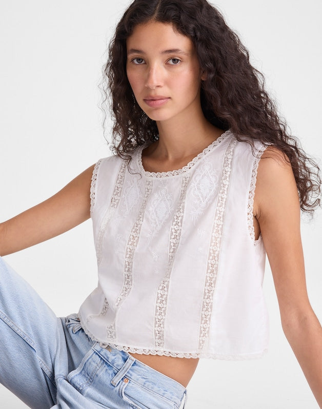 Embroidered Lace-Insert Top WHITE