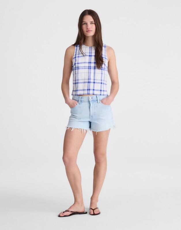 Tie-Back Shell Top in 100% Linen OVERSIZED BLUE WHITE PLAID