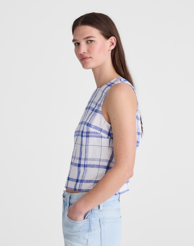 Tie-Back Shell Top in 100% Linen OVERSIZED BLUE WHITE PLAID