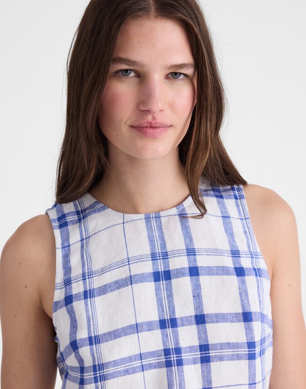 Tie-Back Shell Top in 100% Linen OVERSIZED BLUE WHITE PLAID