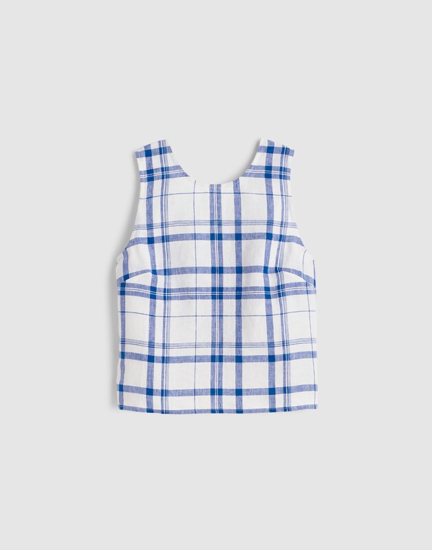 Tie-Back Shell Top in 100% Linen OVERSIZED BLUE WHITE PLAID