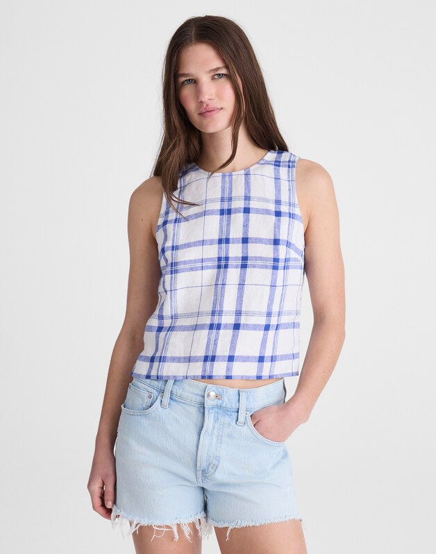 Tie-Back Shell Top in 100% Linen OVERSIZED BLUE WHITE PLAID