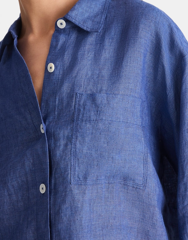 Straight-Hem Button-Up Shirt in 100% Linen INDIGO CHAMBRAY