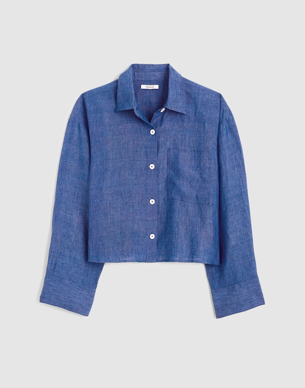 Straight-Hem Button-Up Shirt in 100% Linen INDIGO CHAMBRAY