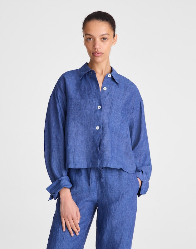 Straight-Hem Button-Up Shirt in 100% Linen INDIGO CHAMBRAY