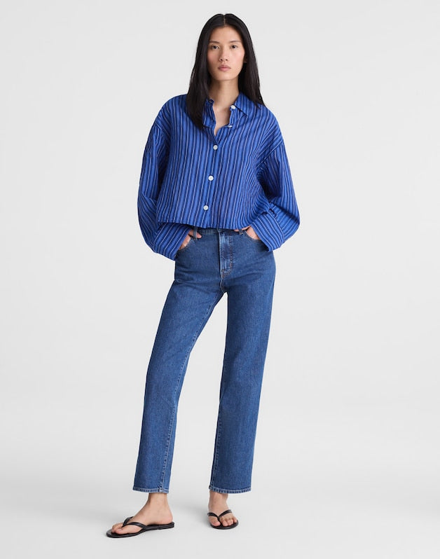 Straight-Hem Button-Up Shirt BLUE MULTI STRIPE