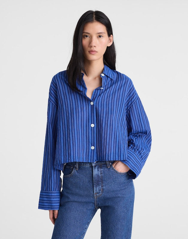 Straight-Hem Button-Up Shirt BLUE MULTI STRIPE