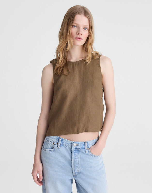 Tie-Back Shell Top in 100% Linen SAFARI KHAKI
