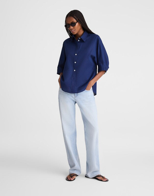 Relaxed Pleat-Sleeve Button-Up Shirt in Cotton-Linen Blend CLASSIC INDIGO