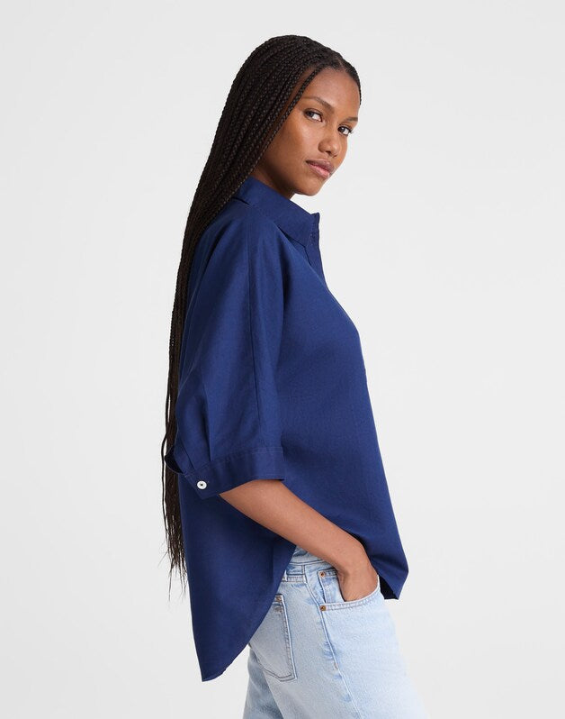 Relaxed Pleat-Sleeve Button-Up Shirt in Cotton-Linen Blend CLASSIC INDIGO