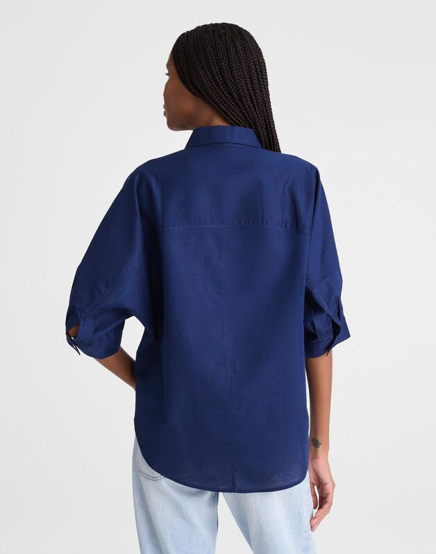 Relaxed Pleat-Sleeve Button-Up Shirt in Cotton-Linen Blend CLASSIC INDIGO