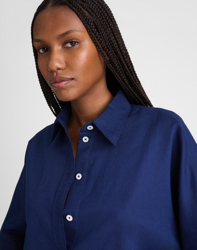 Relaxed Pleat-Sleeve Button-Up Shirt in Cotton-Linen Blend CLASSIC INDIGO