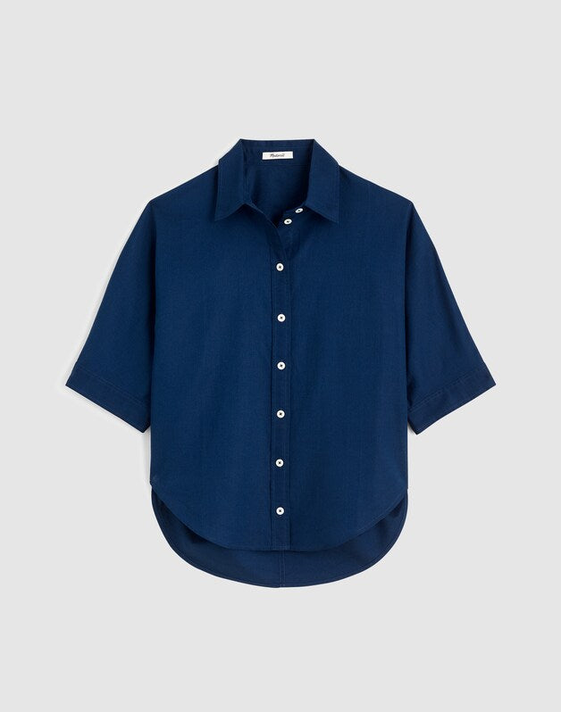 Relaxed Pleat-Sleeve Button-Up Shirt in Cotton-Linen Blend CLASSIC INDIGO