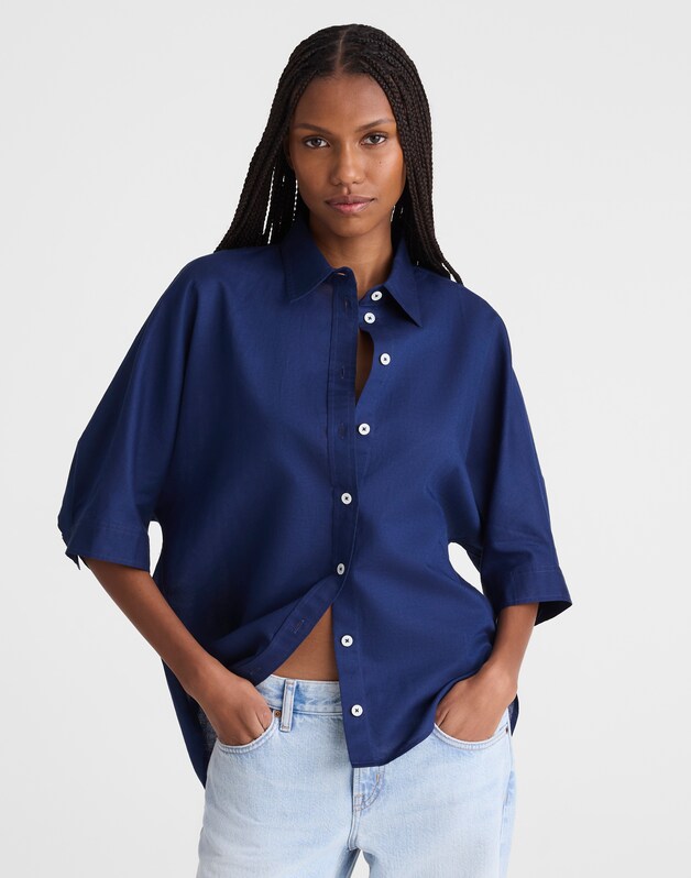 Relaxed Pleat-Sleeve Button-Up Shirt in Cotton-Linen Blend CLASSIC INDIGO