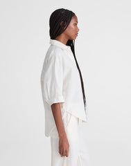 Relaxed Pleat-Sleeve Button-Up Shirt in Cotton-Linen Blend IVORY LINEN
