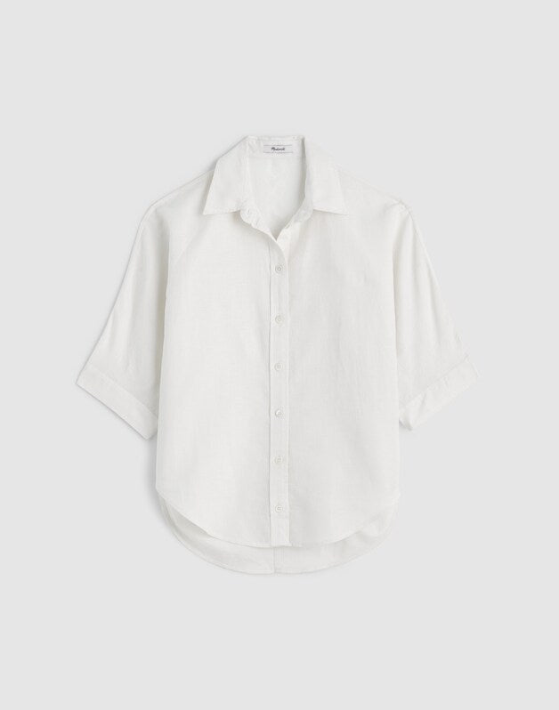 Relaxed Pleat-Sleeve Button-Up Shirt in Cotton-Linen Blend IVORY LINEN