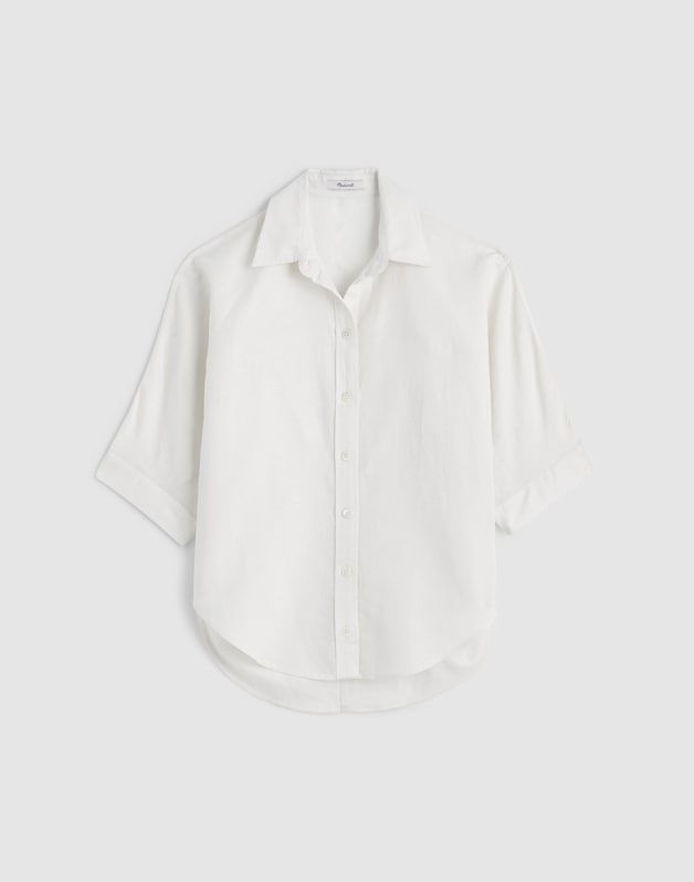 Relaxed Pleat-Sleeve Button-Up Shirt in Cotton-Linen Blend IVORY LINEN