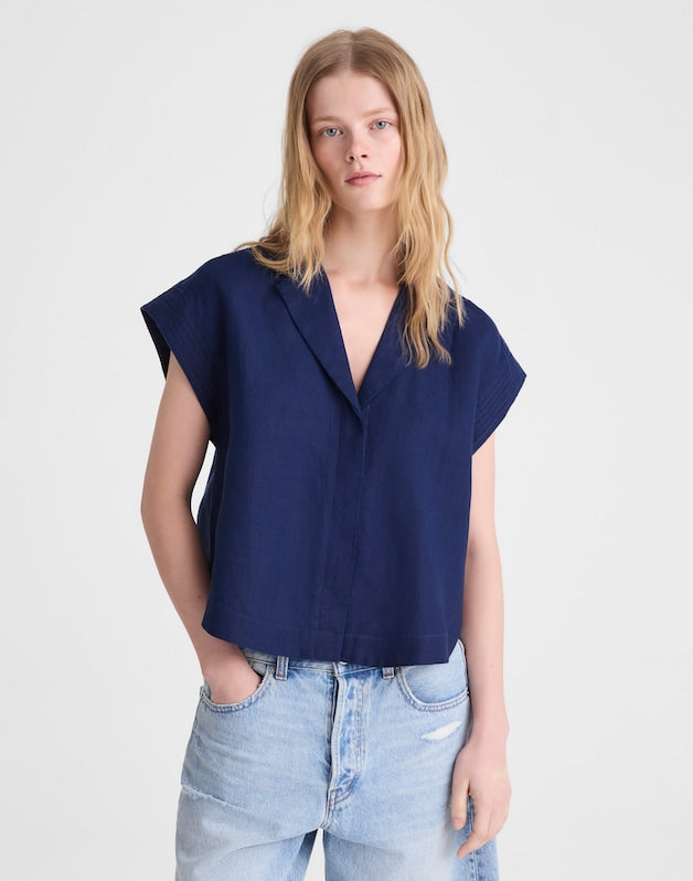 Notch-Collar Shirt in 100% Linen CLASSIC INDIGO