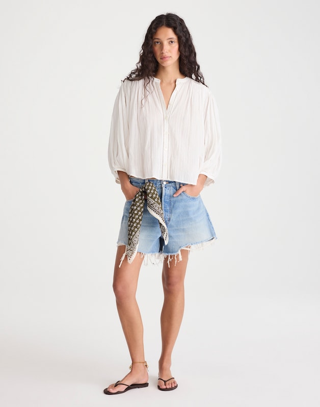 Shirred Button-Up Blouse WHITE