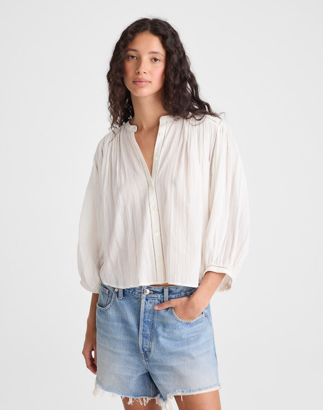Shirred Button-Up Blouse WHITE