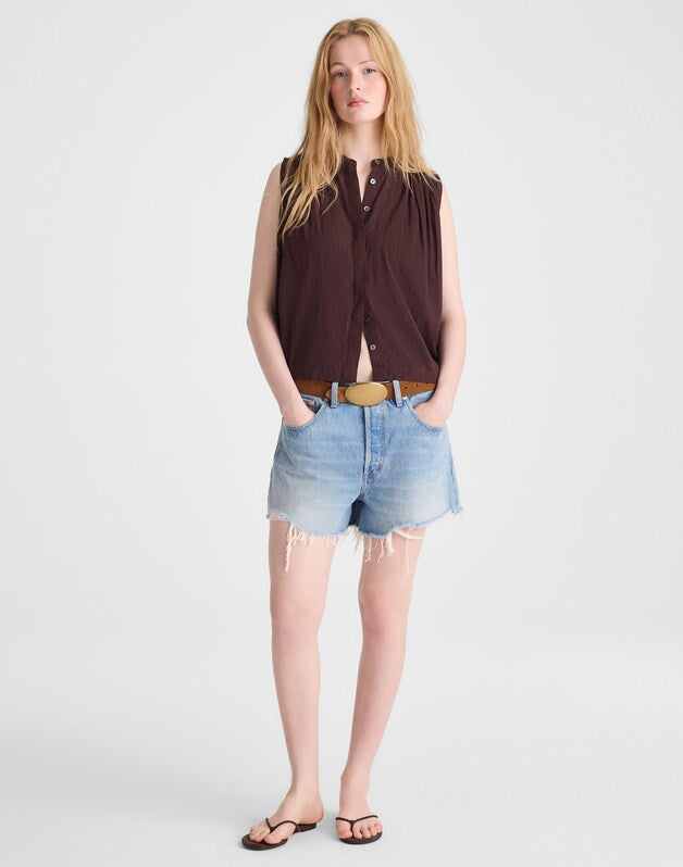 Shirred Button-Up Sleeveless Blouse BURNT COCOA