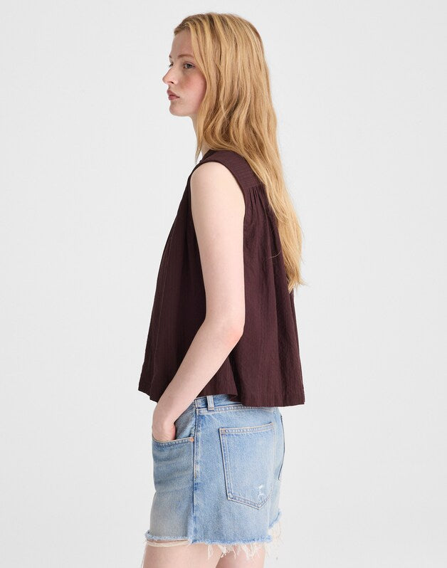 Shirred Button-Up Sleeveless Blouse BURNT COCOA