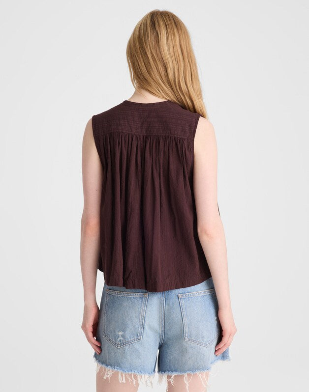 Shirred Button-Up Sleeveless Blouse BURNT COCOA