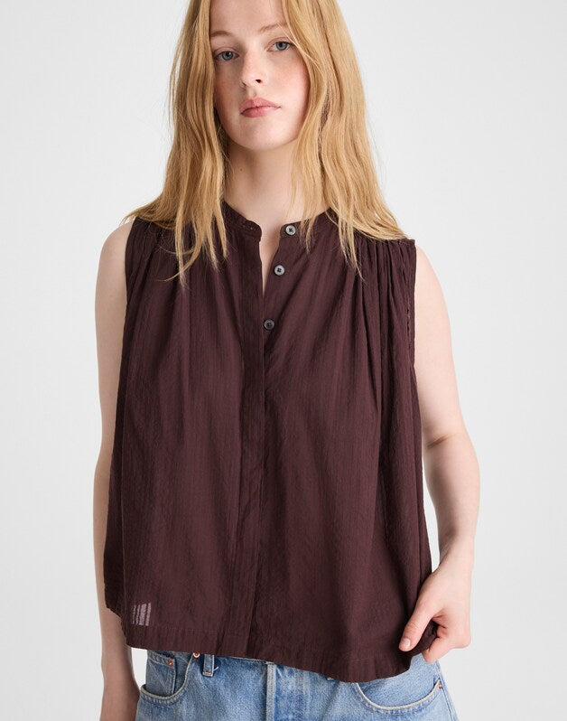 Shirred Button-Up Sleeveless Blouse BURNT COCOA