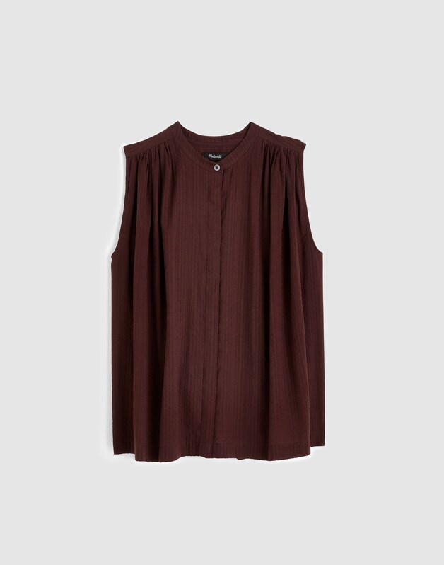 Shirred Button-Up Sleeveless Blouse BURNT COCOA