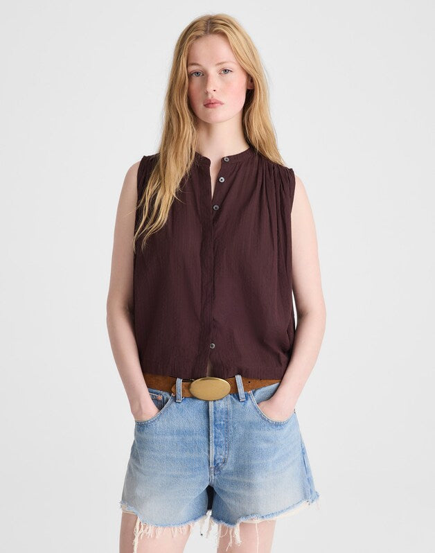 Shirred Button-Up Sleeveless Blouse BURNT COCOA