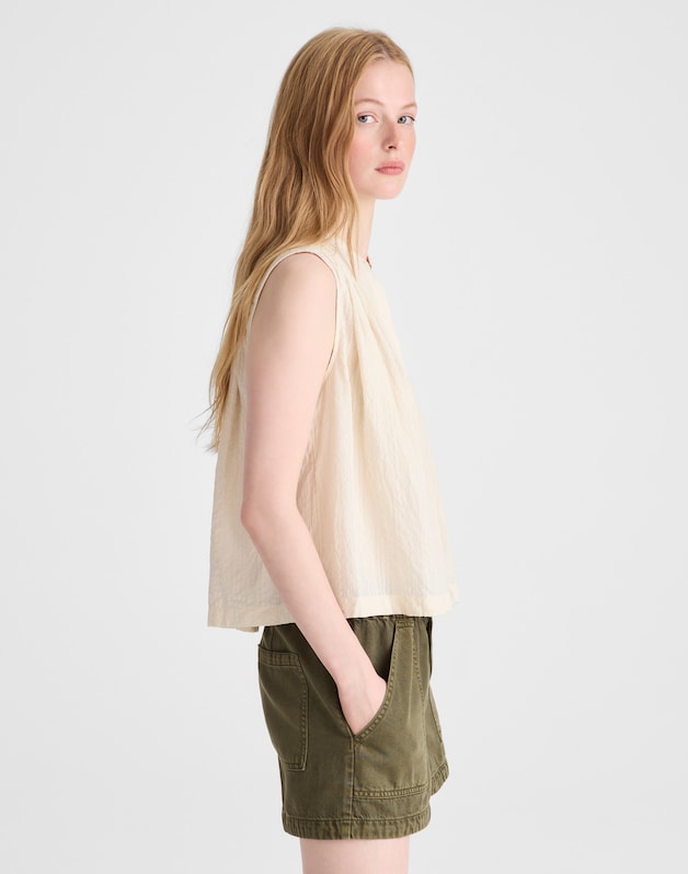 Shirred Button-Up Sleeveless Blouse NATURAL SEERSUCKER