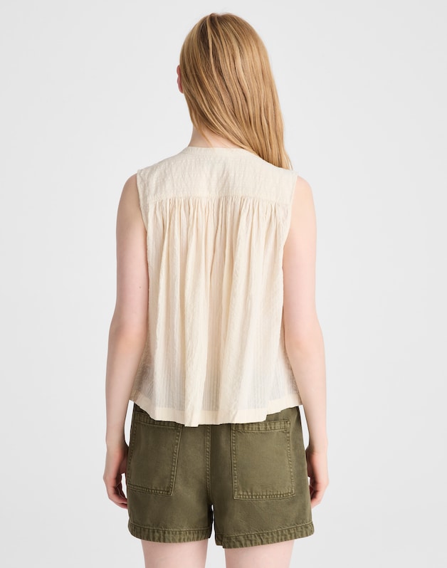 Shirred Button-Up Sleeveless Blouse NATURAL SEERSUCKER