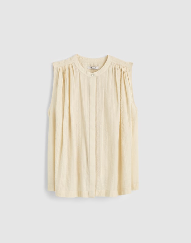 Shirred Button-Up Sleeveless Blouse NATURAL SEERSUCKER