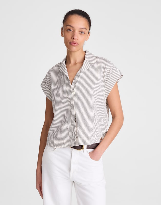 Notch-Collar Shirt in Seersucker BLACK VINTAGE IVORY YARNDYE